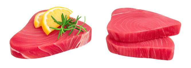 Wall Mural - Fresh tuna fish fillet steak with rosemary and lemon isolated on white background with full depth of field