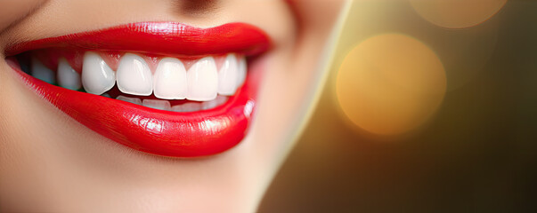 detail of smile with white teeth and red lips on bokeh background.