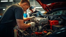 Auto Mechanic Working With Car Engine In Auto Repair Service Station. Car Service Generative AI