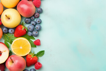 Colorful background with empty space for text in frame of fruits