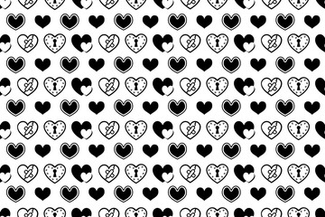 Wall Mural - Seamless black and white heart pattern. Cute decorative wallpaper with heart illustrations, endless repeating love, Valentine pattern.