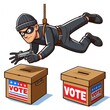 © Let's-Get-Creative - Criminal hanging from ceiling stealing votes from ballot box, voter fraud.