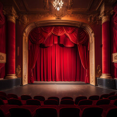 Wall Mural - Old-fashioned cinema with a red velvet curtain. 