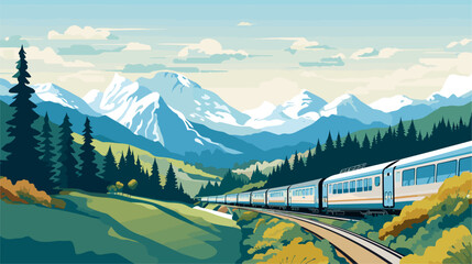 Wall Mural - scenic beauty of train routes in a vector scene featuring trains winding through picturesque landscapes mountains and valleys .simple isolated line styled vector illustration