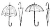 Sketches of closed and opened umbrellas, hand drawn vector illustration isolated on white