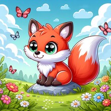 Beautiful Fox With Flower And Butterfly