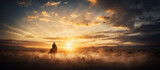 Fototapeta Konie - As the sun dips below the horizon, a lone cowboy on horseback rides towards the distant mountains, his silhouette casting a long shadow on the golden fields.