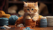 cute red kitten got tangled in threads