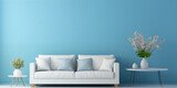 Fototapeta  - White sofa or couch with side tables on a solid blue background, banner size, fresh and calm interior