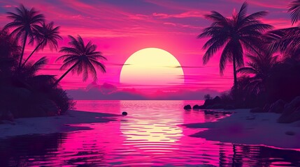 Wall Mural - Sunset on the beach 80's retro made with Ai generative technology