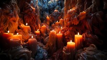 A Top-down View Of A Cluster Of Melting Candles, Capturing The Interplay Of Wax As It Merges And Separates.