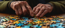 Aged Hands Engaging A Puzzle, An Intimate Moment Of Memory, Focus, And The Quiet Battle Against Time