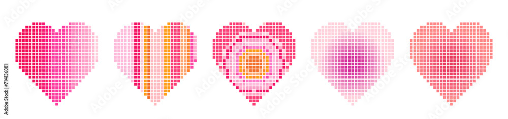 Pixelated vector heart shapes, cute pink and red square pixel hearts ...