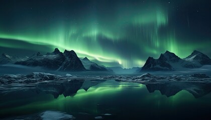 view of night sky with multicolored aurora borealis and snowy mountains peak background. night glows