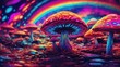 3d illustration of fantasy mushroom with rainbow effect in the background.