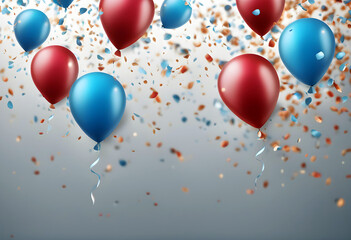 Wall Mural - Festive background with golden and blue balloons falling confetti blurry background