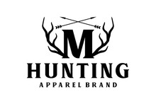 Outdoor Hunting Logo Design, With Elements Of Deer Antlers And Arrows On The Initial Letter M.