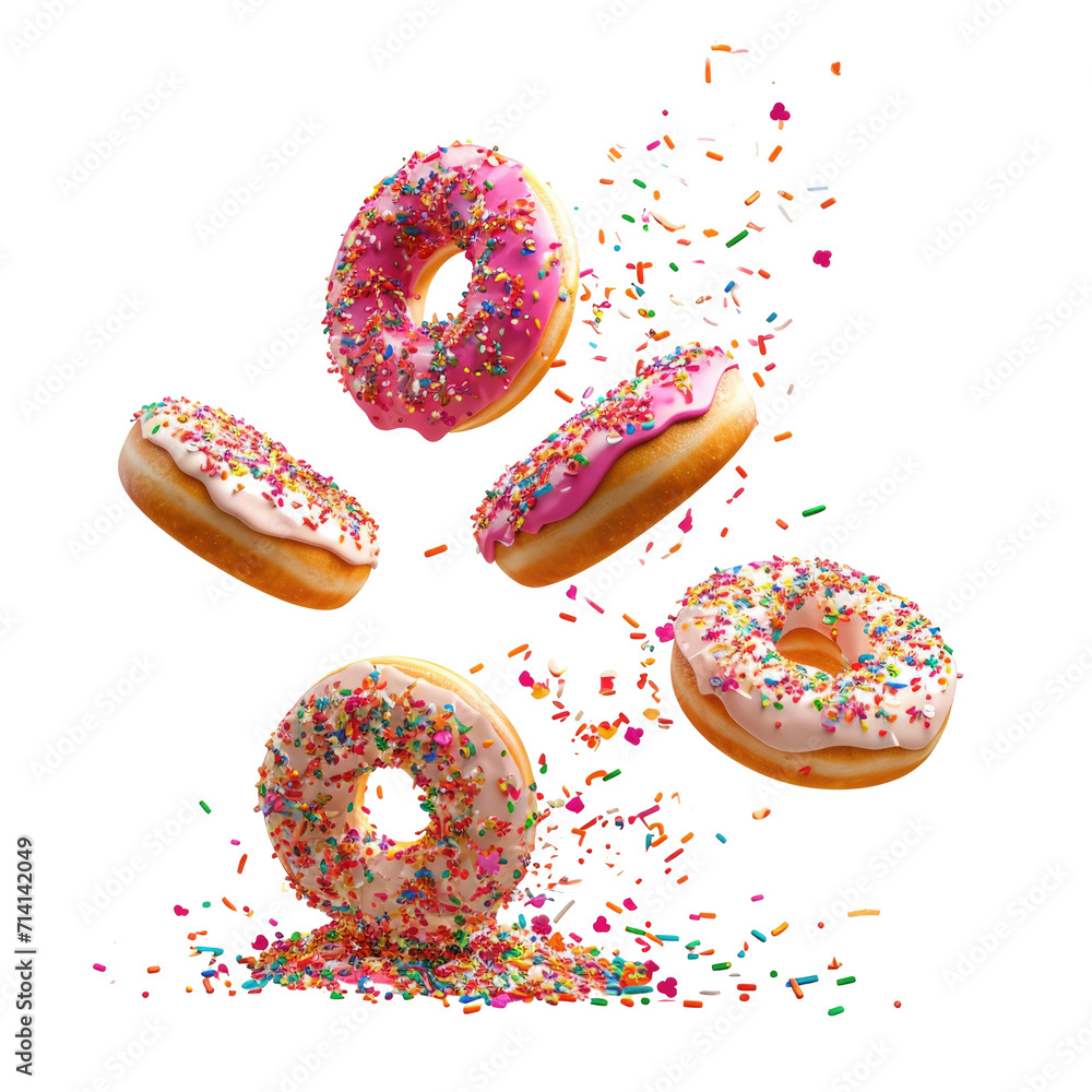 Donut glazed with pink icing and sprinkles floating in air on a ...