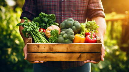 A farmer in field holding a vegetable bucket - ai generative