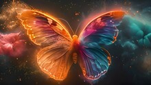 Fantastic Butterfly And Magical Curving Transparent Waves With Glowing Stars On Night Dark Background Sparkling Neon Lights Various Colors