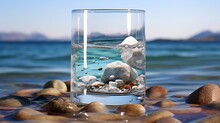 A Stones In Sea View Inside A Glass Of Water - Generative AI