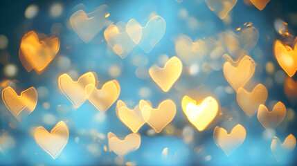 Blurred view of beautiful gold heart shaped lights on light blue background