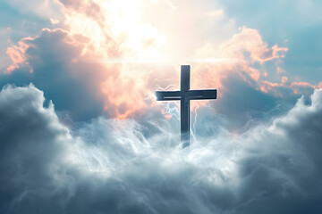 Wall Mural - Christian cross in heavenly wallpaper with ethereal clouds, symbolizing heaven or spirituality.