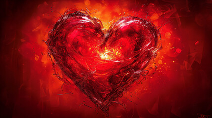 Postcard, valentine's card, background, water texture heart with fire inside on red abstract background , a symbol of burning passion