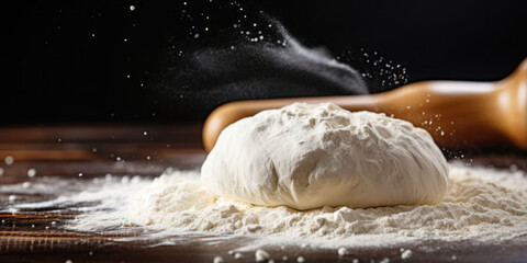 Wall Mural - Homemade Bread Preparation, Freshly Baked Dough on Wooden Table - Rustic Pastry Chef Kneading Raw Dough with Flour.