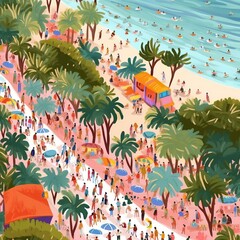  gouache modern brush line painting of beach life hanging friends colorful aerial view illustration, detailed colorful plants trees road and people, pink, orange and green colors, hand drawn