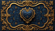 Background, illustration, blue art deco heart embellished with gold decoration on blue background, valentine's card