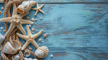 Beautiful Starfish, Shells On Wooden Background, With Sea Ropes And Stars