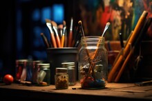 Art And Craft Tools On Rustic Background.