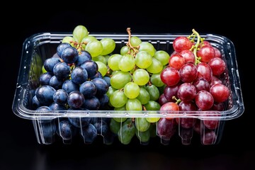 Wall Mural - Fresh grapes in plastic box on black background. Healthy food concept.