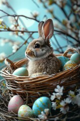 Wall Mural - A fluffy bunny sits in a basket filled with Easter eggs. The basket is surrounded by white flowers and branches.