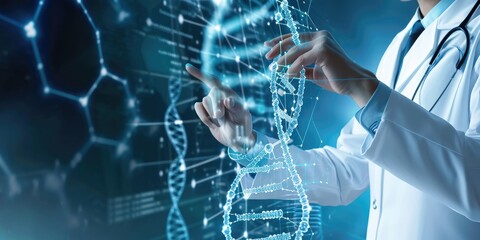 Doctor touching icon DNA. Digital healthcare and medical diagnosis of patient with network connection on modern interface. Healthcare and medical concept
