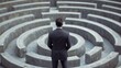 © TensorSpark - A determined businessman in a suit stands halted before a symbolic maze, representing obstacles such as economic challenges, or a potential business deadlock.