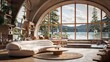 Luxury living room interior with a large window overlooking the lake