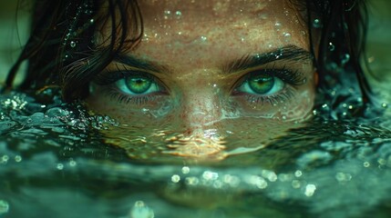 Sticker - beautiful brunette looks out water. pretty mermaid woman with green eyes closeup. attractive sexy fe