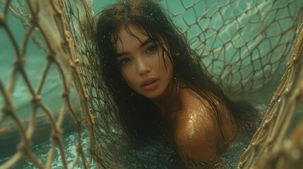 Poster - Beautiful brunette caught in fishing net under water. Sad pretty mermaid woman. Attractive sexy female model. Nature beauty. Clean water. Mystical wet fairytale siren creature close up. Ocean legend.