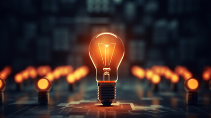 Wall Mural - An incandescent glass lamp that glows close-up, with soft bokeh in the background and many lit bulbs, symbolizing the emergence of new business ideas.
