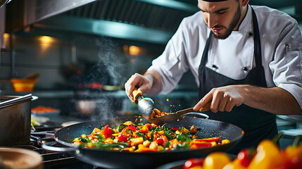 Wall Mural - Male chef preparing vegetable vegetarian dish at a professional kitchen.