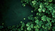 Solid dark green background with lots of free space with a bit of a realistic small photo of Shamrock clover leaves at the edges