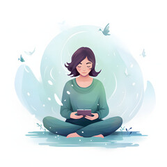 Wall Mural - Person using a meditation app for mental health isolated on white background, sketch, png
