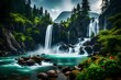 A cascading waterfall on the majestic mountains, its pristine waters tumbling down rocky cliffs adorned with vibrant greenery