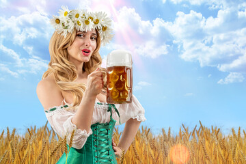 Wall Mural - Midsummer woman waitress serving big beer mugs during beer party. Wheat or barley field. Blonde girl with wreath daisies flowers in her hair celebrating traditional beer festival outdoor