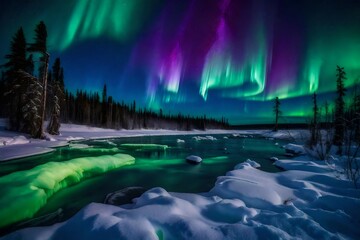 Wall Mural - A frozen stream of water transforms into a glittering masterpiece under the vibrant hues of the northern lights