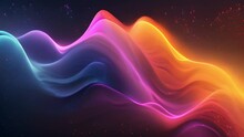 Neon Rainbow Retro Waves Moving On Black Background. Glowing Neon Lines, Abstract Background, Equalizer, Signal Chart, Ultraviolet Spectrum, Laser Show, Impulse Power, Energy, Chaotic Waves, Looped An