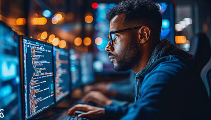 Handsome Smart Male, Studying in University with Diverse Multiethnic Classmates. He Works on Desktop Computer in College. Applying His Knowledge in Writing Code, Developing Software.