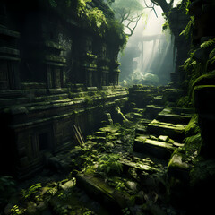 Wall Mural - Ancient ruins in a mystical overgrown jungle. 